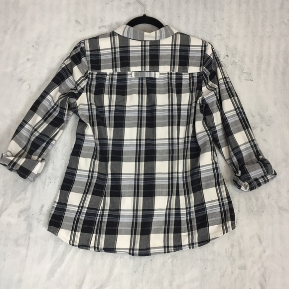 Reitmans Pearl Snap Shirt Womens Med Black Plaid Fitted Western Roll Tab Sleeves - Picture 3 of 14